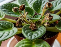 African violet plant showing dried and shriveled buds due to bud blast