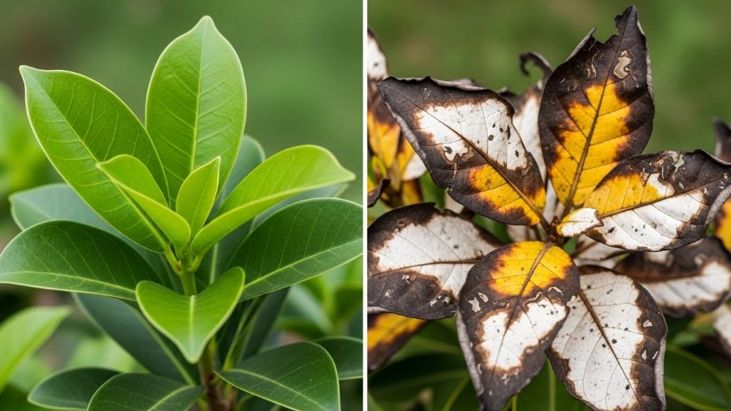 Comparison of healthy green plant leaves versus heat-stressed scorched leaves with brown patches and bleaching