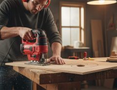 Woodworker using a corded jig saw to cut intricate curves in plywood with dust blower clearing the line