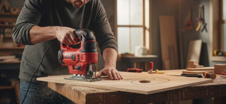 Woodworker using a corded jig saw to cut intricate curves in plywood with dust blower clearing the line