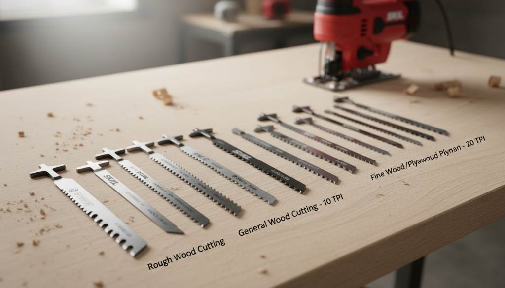 various T-shank jig saw blades arranged by teeth per inch for different wood cutting tasks