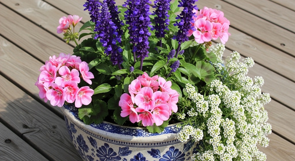 Close-up of mixed flowering plants in a ceramic container for terrace gardening.