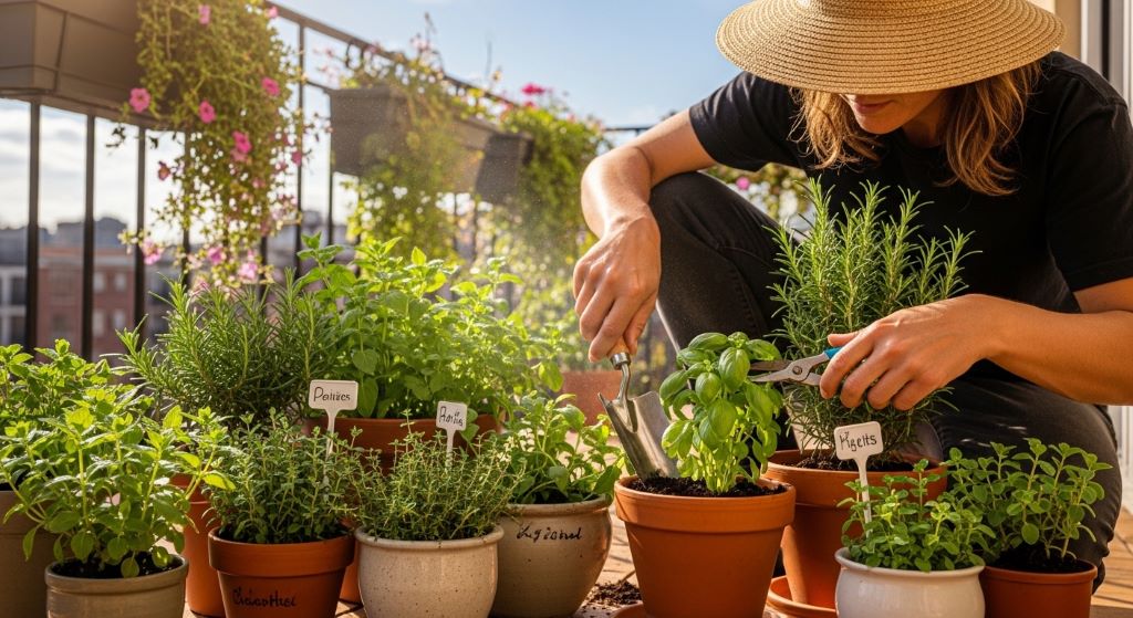 A gardener using compact tools for small gardens to carefully tend to potted herbs on a sunlit balcony