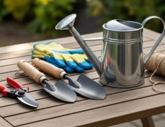A neatly arranged collection of essential home gardening equipment including trowels, pruning shears, and a watering can placed on a wooden garden table