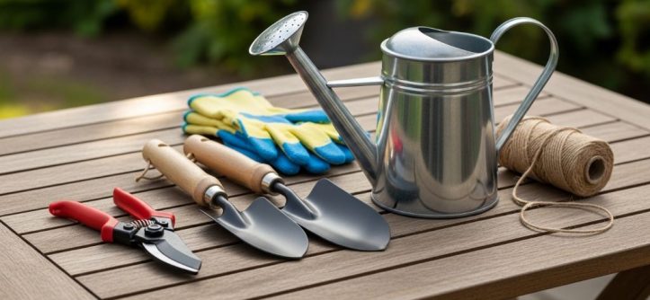 A neatly arranged collection of essential home gardening equipment including trowels, pruning shears, and a watering can placed on a wooden garden table