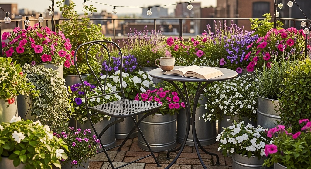 Cozy terrace seating area surrounded by potted floral displays and greenery.