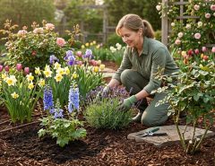 Colorful spring flower garden in Austin Texas with healthy blooming plants under bright sunlight