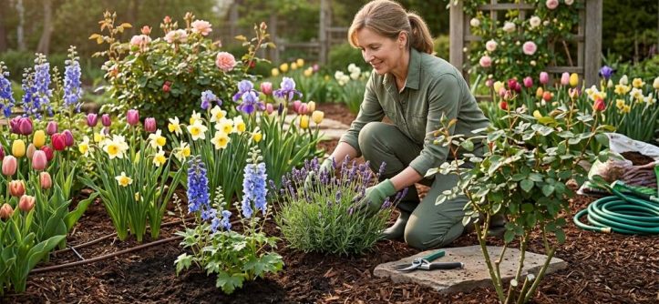 Colorful spring flower garden in Austin Texas with healthy blooming plants under bright sunlight