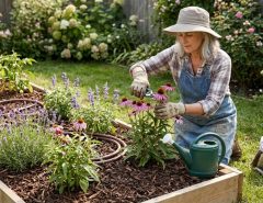 Homeowner watering outdoor plants in a Charlotte NC backyard garden during summer morning