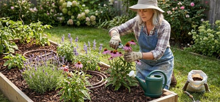 Homeowner watering outdoor plants in a Charlotte NC backyard garden during summer morning