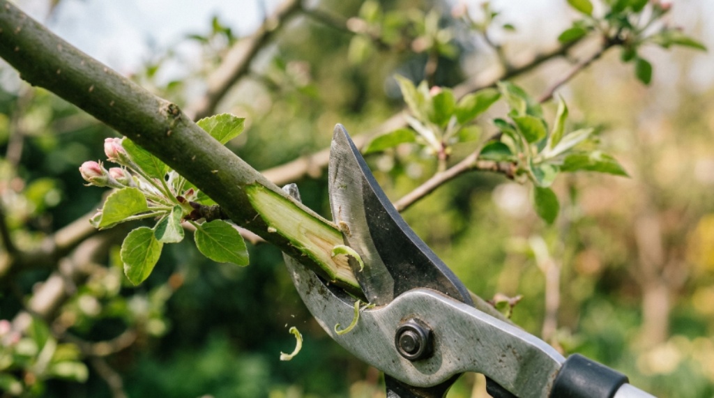 Close-up of sharp lopper blades making a clean angled cut on a green tree branch during spring pruning