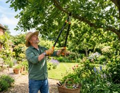Gardener using long-handled bypass loppers to prune a tree branch in a sunny backyard garden