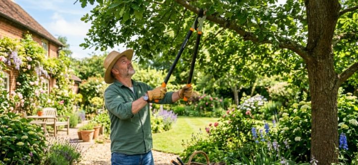 Gardener using long-handled bypass loppers to prune a tree branch in a sunny backyard garden