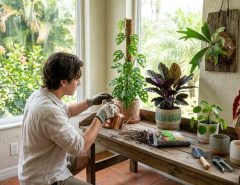 Indoor garden setup in Orlando home with tropical plants near bright window and shelves