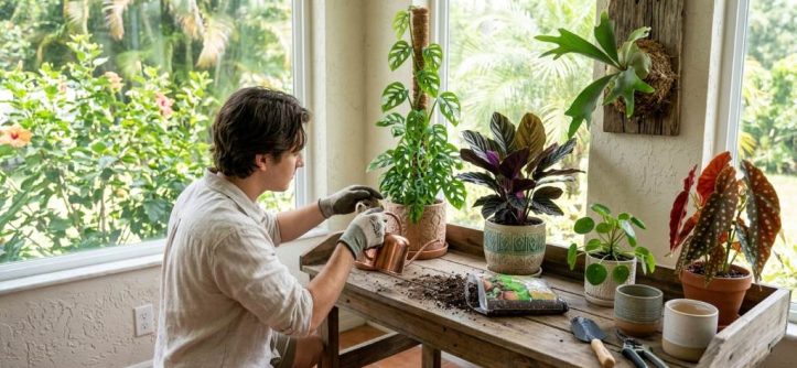 Indoor garden setup in Orlando home with tropical plants near bright window and shelves