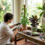 Indoor garden setup in Orlando home with tropical plants near bright window and shelves