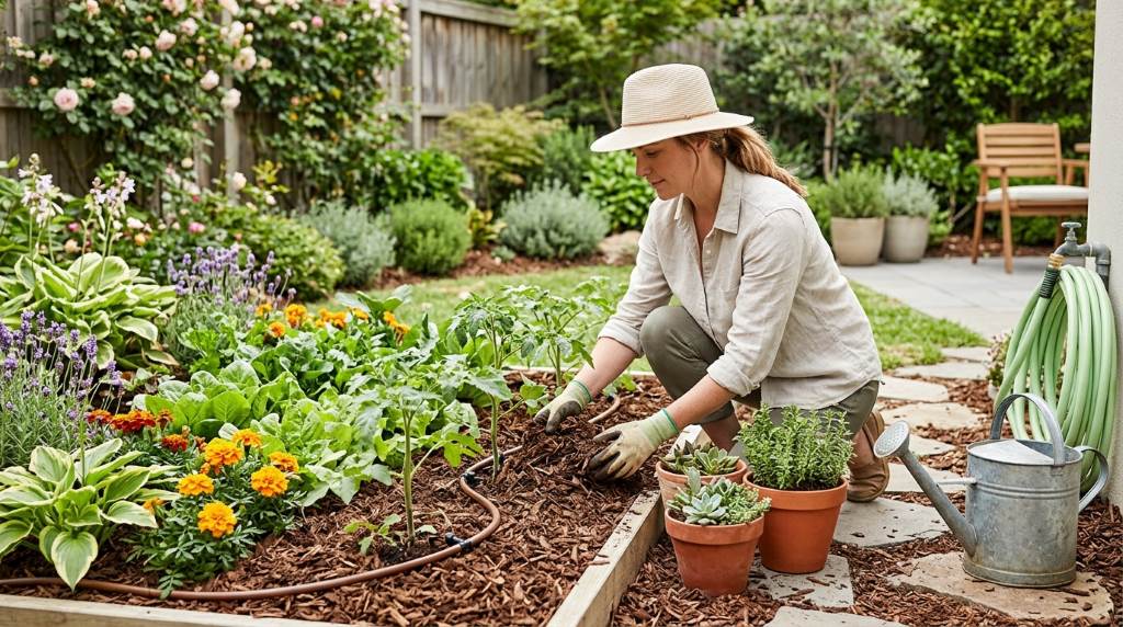 Low-maintenance outdoor plants and mulch landscaping design in Charlotte North Carolina