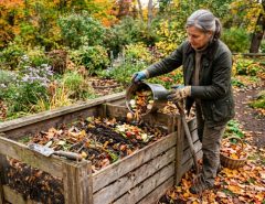 Gardener adding organic kitchen scraps to a wooden backyard compost bin.