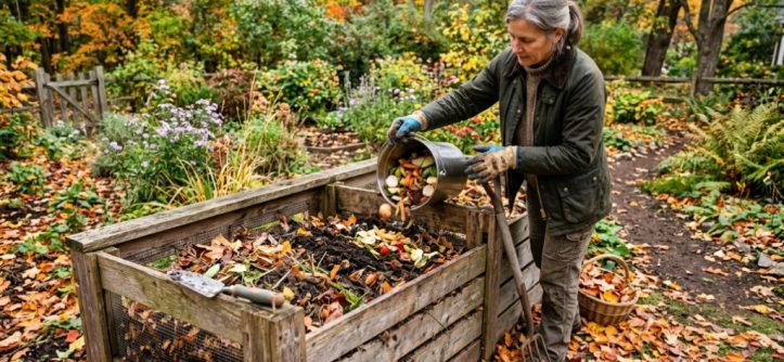Gardener adding organic kitchen scraps to a wooden backyard compost bin.