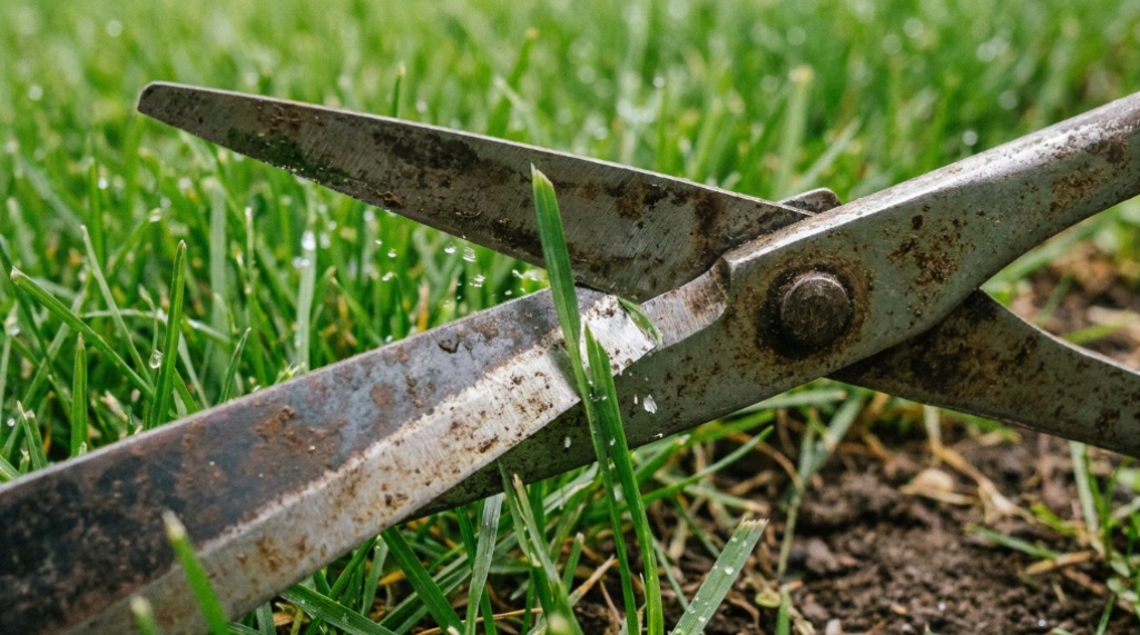 Close-up of a reel mower blade cleanly cutting grass.