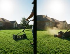 Side-by-side comparison of a reel mower and gas mower on a Texas lawn.