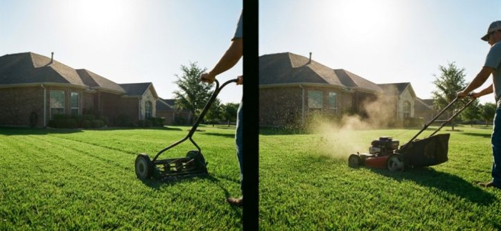 Side-by-side comparison of a reel mower and gas mower on a Texas lawn.