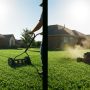 Side-by-side comparison of a reel mower and gas mower on a Texas lawn.