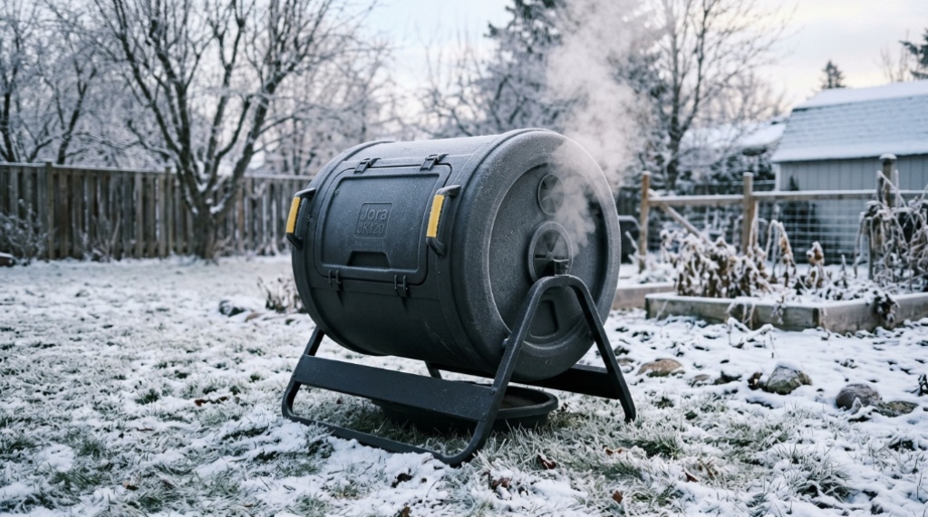 Insulated compost tumbler resting on snow in a winter garden.
